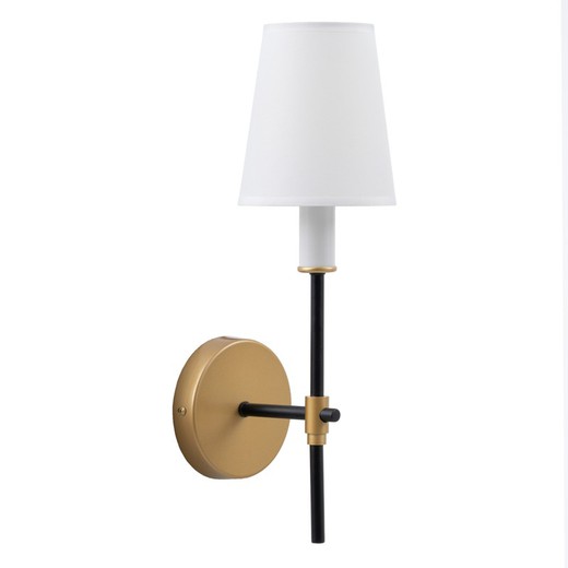 gold-black wall light with fabric lampshade and round bracket