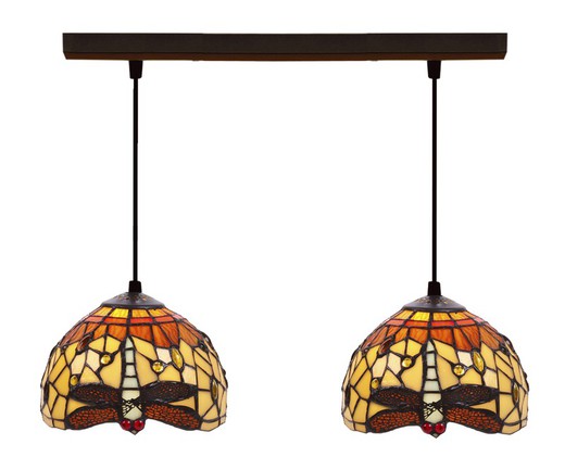 Sospensione a soffitto con due paralumi Tiffany Serie Belle Amber d.20cm
