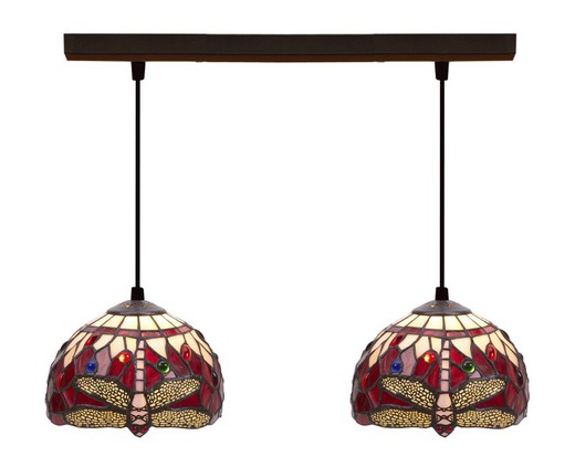 Sospensione a soffitto con due paralumi Tiffany Serie Belle Rouge d.20cm