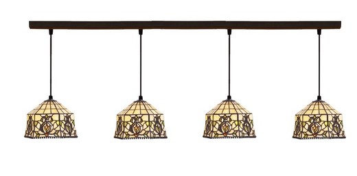 Tiffany pendant light with 4 shades Hexa Series d.20cm x 4. Dark brown iron frame