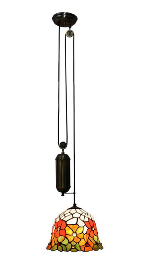 Die Tiffany-Deckenpendelleuchte lässt sich mit Riemenscheiben der Bell-Serie, d. 30 cm, auf und ab bewegen