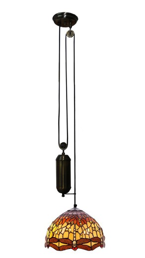 Lámpara Colgante Tiffany de techo sube y baja con poleas Serie Belle Ambar d.30cm