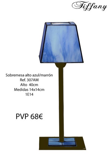 Lámpara de mesa alta con pantalla Tiffany azul y acabado óxido marrón