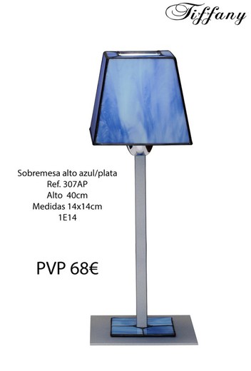 Lámpara de mesa alta con pantalla Tiffany azul y acabado plata
