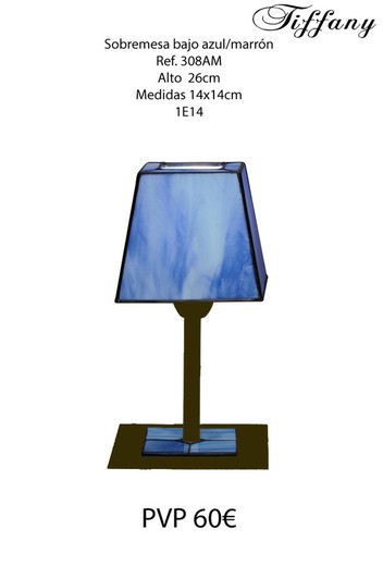 Lámpara de mesa baja con pantalla Tiffany azul y acabado óxido marrón