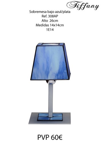 Lámpara de mesa baja con pantalla Tiffany azul y acabado plata