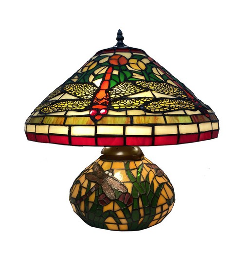 Tiffany-Tischlampe mit beleuchteten Libellen am Fuß