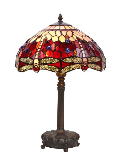 Lampada da Tavolo Tiffany Serie Belle Rouge con base sagomata. Diametro 40cm Vetro opalino originale certificato Tiffan e Light dal modernista americano di alta qualità