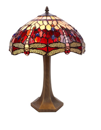 Lampe de table Tiffany Série Belle Rouge avec base hexagonale Diamètre 40cm Tiffan and Light certificat d'origine verre opalin moderniste américain de haute qualité