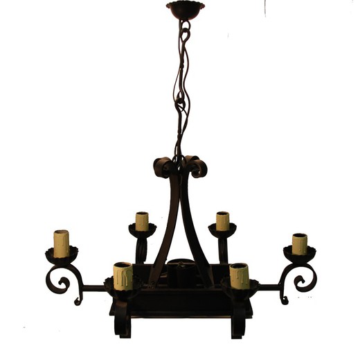 Plafoniera artigianale in ferro battuto a 7 luci (6+1) colore nero