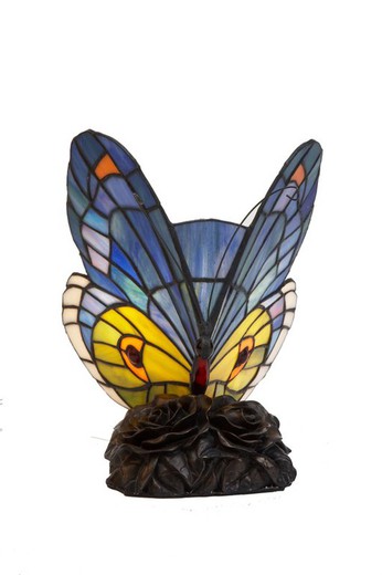 Lampe Tiffany Papillon Bleu et Jaune Tiffan et Lumiere Hauteur 26cm