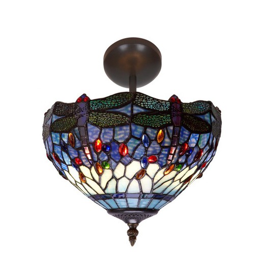 Lâmpada de teto Low Tiffany com libélulas azuis diâmetro 30cm Belle Epoque Series Tiffan and Light