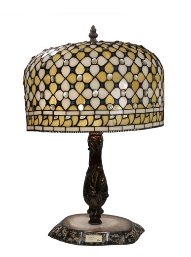 Lampada da tavolo media Tiffany diametro 30cm Serie Queen con base in agata chiara di "Tiffan e luce"