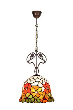 Ceiling pendant with chain and cast iron decoration with Tiffany lampshade