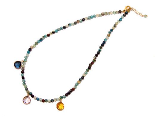 Collar de agatas verdes con 3 lágrimas. Plata dorada.