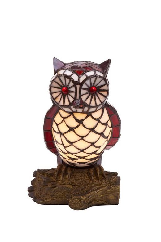 Lámpara Buho Tiffany Color Rojo Beig Tiffan y Luz Alto 30cm