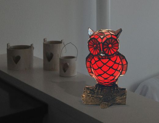 Lámpara Buho Tiffany Color Rojo-Rojo Tiffan y Luz