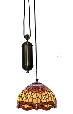Lámpara Colgante Tiffany de techo sube y baja con poleas Serie Belle Ambar d.30cm