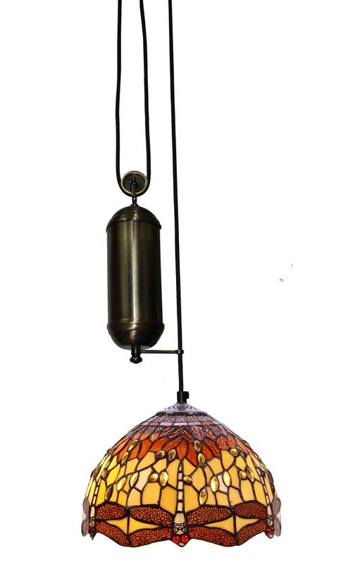 Lámpara Colgante Tiffany de techo sube y baja con poleas Serie Belle Ambar d.30cm