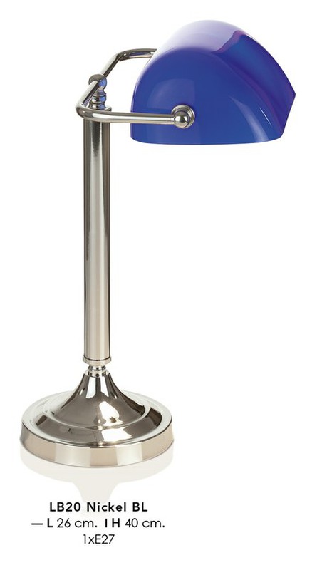 Lampe de table type banquier en verre bleu tulipe nickel Bureau d'artiste —  ivintageonline