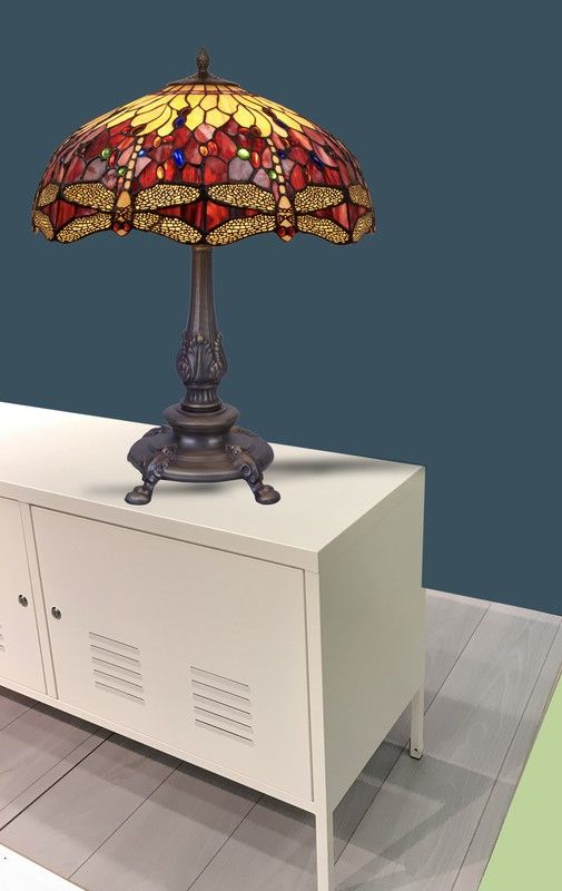 Candeeiro de mesa alta estrutura com suportes Série Tiffany Belle Rouge Diâmetro 54cm Tiffan e Light