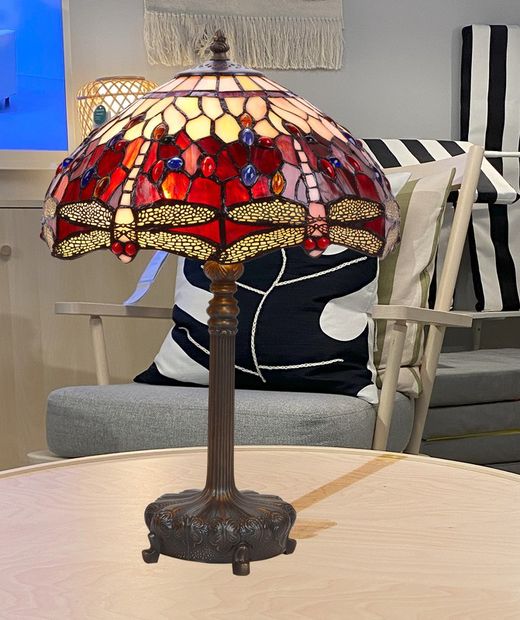 Lampada da Tavolo Tiffany Serie Belle Rouge con base e supporti sagomati. Diametro 40cm Vetro opalino originale certificato Tiffan e Light dal modernista americano di alta qualità