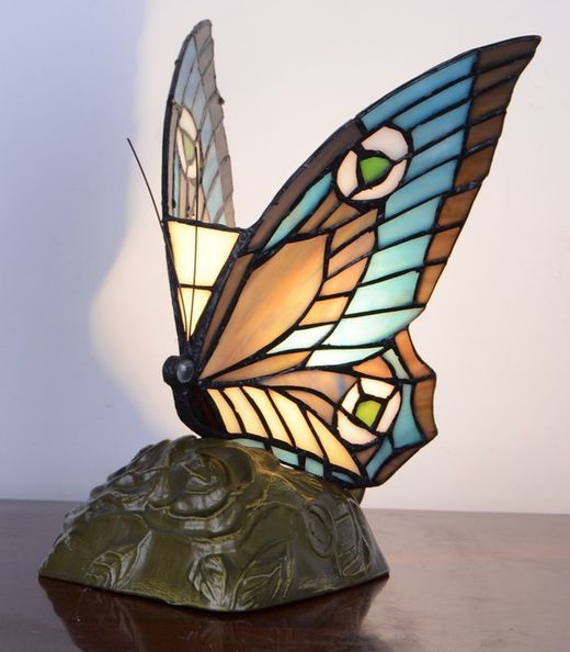 Tiffany Blue and Brown Tiffan Butterfly Lamp and Light Height 26cm