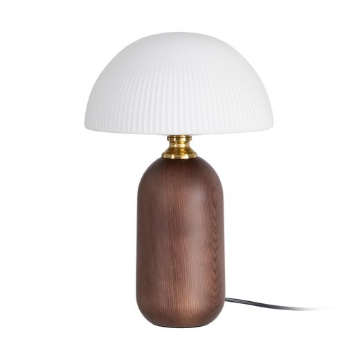 Brown glass and wood table lamp, 25 x 25 x 38 cm