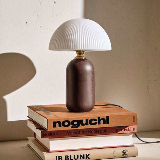 Brown glass and wood table lamp, 25 x 25 x 38 cm