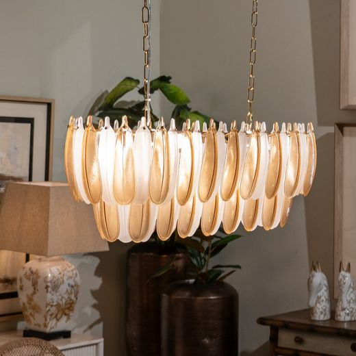 Champagnerfarbene Feder-Deckenleuchte, Kristall, 100 x 35 x 38 cm