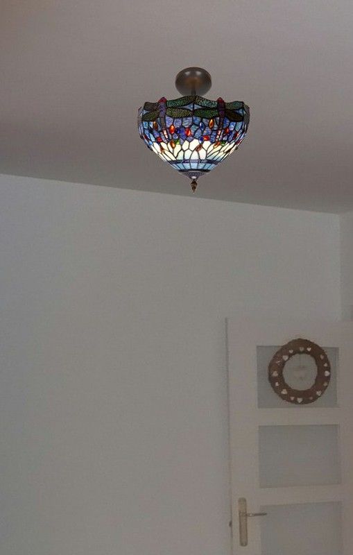 Lâmpada de teto Low Tiffany com libélulas azuis diâmetro 30cm Belle Epoque Series Tiffan and Light