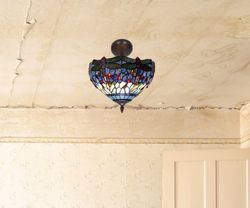 Lâmpada de teto Low Tiffany com libélulas azuis diâmetro 30cm Belle Epoque Series Tiffan and Light