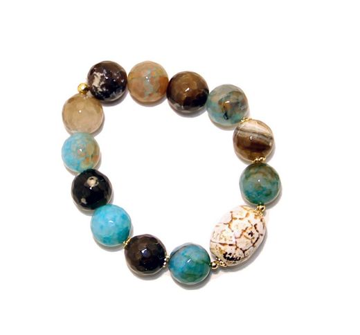 Pulsera de agata azul y beig.  Plata dorada.